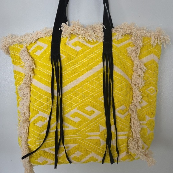 Raj Anthropology Yellow Black Fringe Embrodiered Leather Shoulder Bag Tote Purse - Picture 3 of 16
